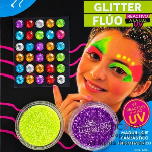 KIT MAQUILLAJE ARTISTICO GLITTER FLUO AMARILLO Y VIOLETA (4 GRS) +STRASS 645-40